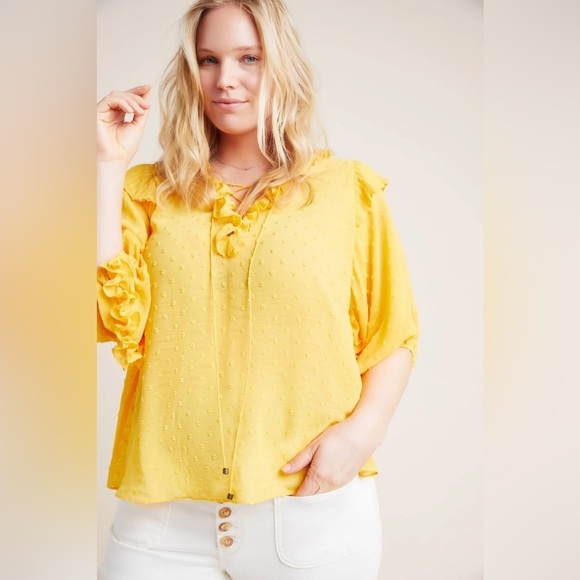 Anthropologie Haida Swiss Dot Peasant Top Small blouse marigold yellow ruffle - Picture 11 of 11